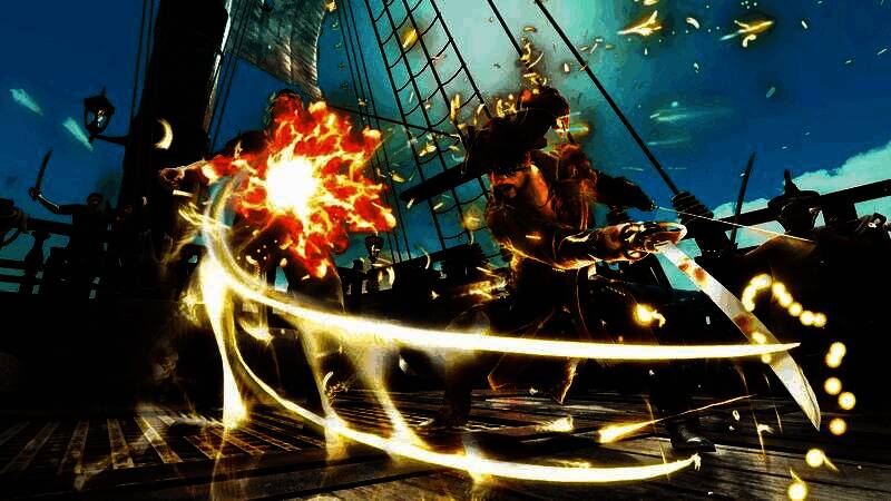 真岛手持弯刀施展海盗风格技能，使用钩索荡向敌船，场面极具动态感