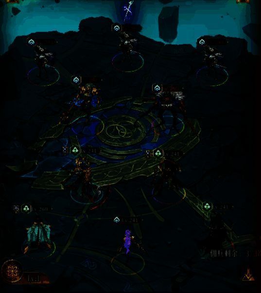 战斗结算画面展示一场胜利后的阵容表现评分，五名神明头像整齐排列于屏幕上方