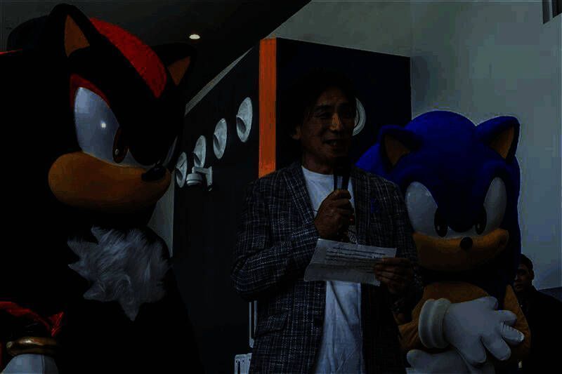 机舱内部全景图，乘客坐在印有索尼克图案的座椅上，上方行李架装饰着绿色环形道具和角色贴纸