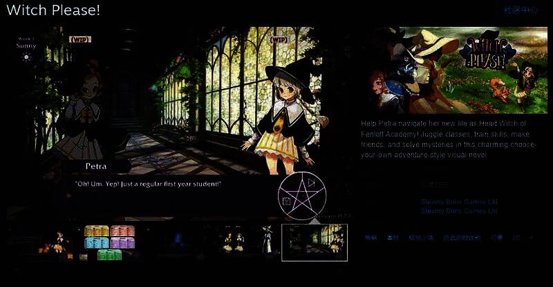 《Witch Please!》Steam商店首页展示图，画面中是一位身穿紫色魔法长袍的小女孩站在古堡门前，背景为黄昏下的魔法学院全景，氛围神秘而温馨