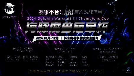 海豚杯参赛选手群像图，中韩欧多国顶尖魔兽争霸选手头像环绕赛事LOGO排列
