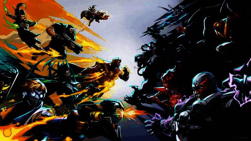 《漫威争锋》游戏宣传画面，多名经典漫威英雄并肩而立，背景为纽约城市废墟，充满科幻与战斗氛围