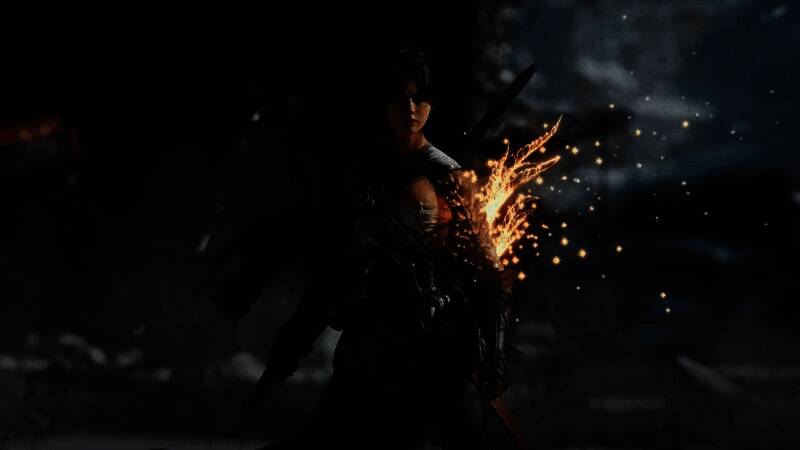 女主角无常身穿明代风格服饰，手持长剑立于悬崖边，背景是云雾缭绕的古老山城