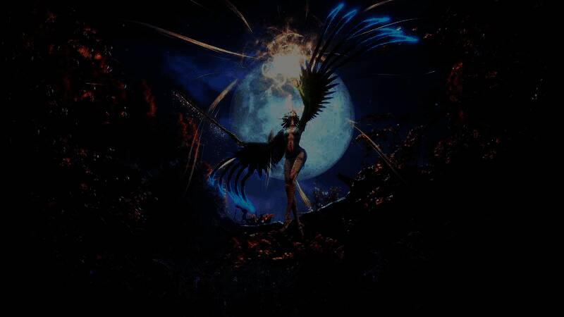 游戏中羽人形象设计图，人身鸟首，双翼展开，极具神秘感