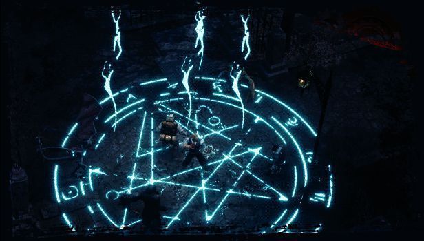 玩家使用黑暗法术控制敌方单位，将其拖入火车底部的口器中完成献祭，随后角色身上浮现符文光环