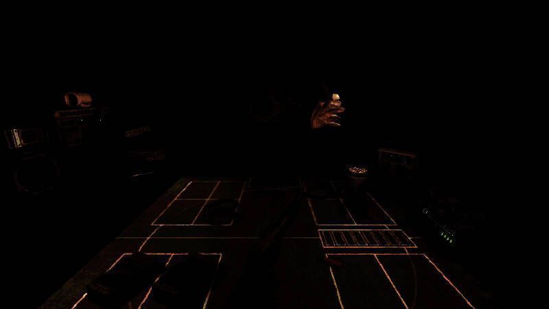 《恶魔轮盘》游戏对战场景截图，两名角色面对面坐在桌旁，中间摆放着霰弹枪和神秘药瓶，气氛紧张