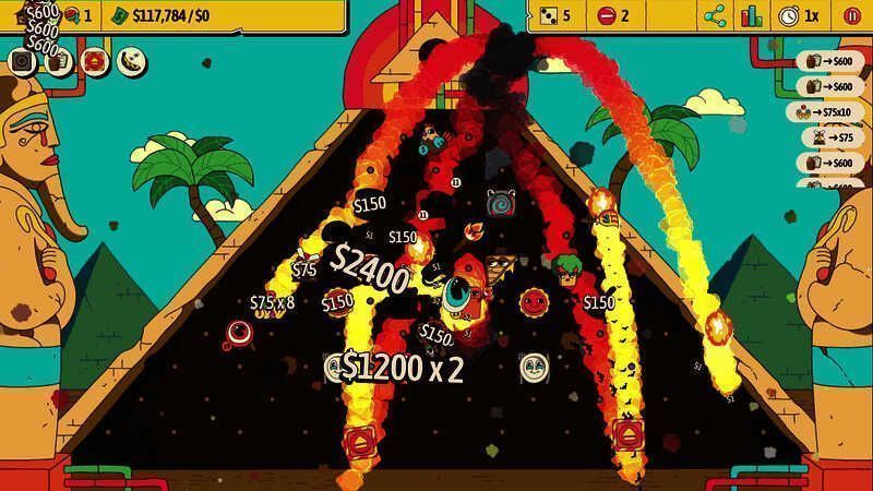 游戏中玩家自定义的弹珠台布局，多个彩色弹球在复杂的机关间高速弹射，屏幕上方显示不断飙升的金币数值