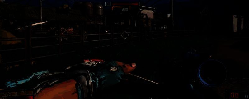 《无主之地4》游戏中废弃农场场景，远处可见破损的建筑和燃烧的车辆，地面散落着弹药箱和武器残骸