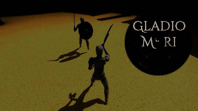 《Gladio Mori》游戏主视觉图，两名角色身穿中世纪盔甲持剑对峙，背景为古罗马风格竞技场