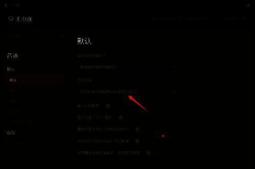 GOMPlayer设置界面中‘打开文件’栏目被红框标注，清晰指示用户需关注的位置
