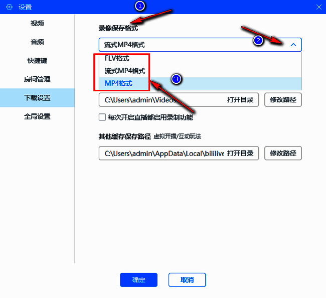 录像保存格式下拉列表，展示MP4、FLV等多种可选格式
