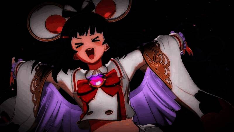 毗伽菈施展技能时的特写画面，身穿暗紫色战甲，眼神凌厉，背景充满能量波动