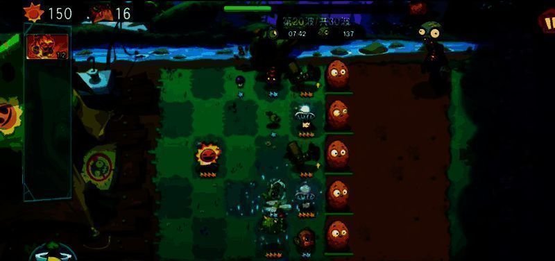 多行植物协同作战场景，不同等级植物齐射攻击逼近的各类僵尸