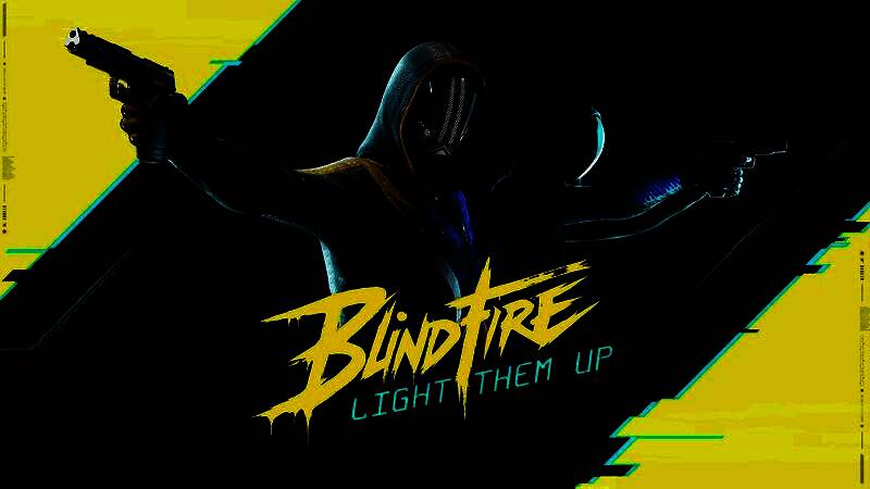 《盲火》游戏主视觉图，昏暗的地下竞技场中，角色手持武器在微弱红光下潜行，四周布满机械陷阱与霓虹涂鸦