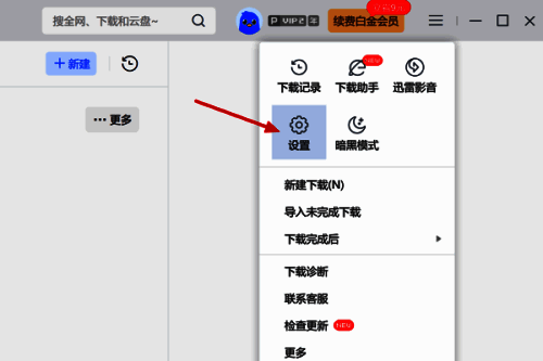 迅雷设置入口位于菜单底部，点击可进入详细配置界面