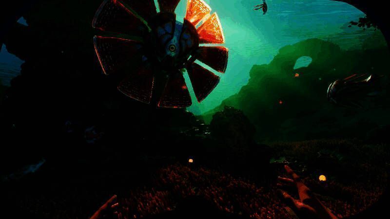 深海区域的巨大生物骨架残骸，散落在泥沙之上，远处有微弱蓝光闪烁