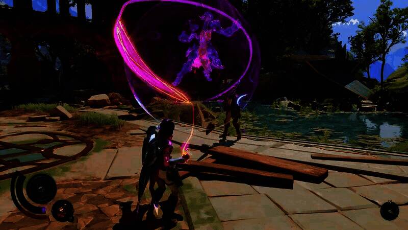 巨型翼龙状生物俯冲而下，喷吐紫色能量波摧毁桥梁