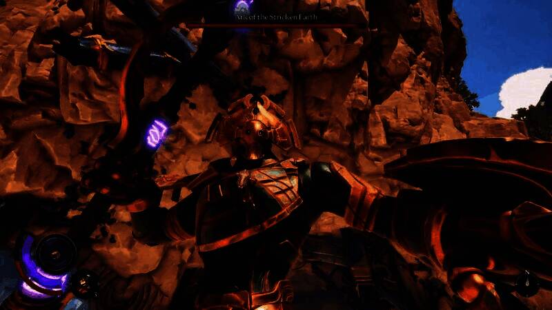 主角身穿破损护甲持剑跃起，迎战悬浮空中的机械巨像