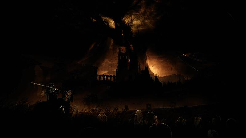 《艾尔登法环》游戏画面展示角色在黄金树背景下持剑站立，光影效果细腻