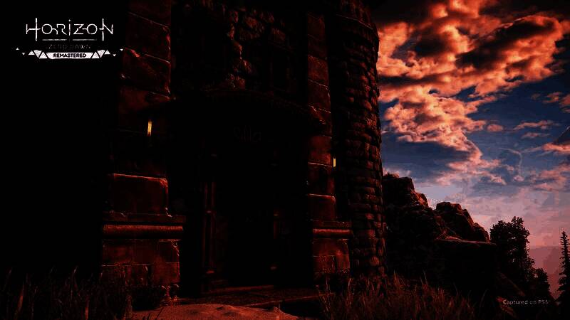 瀑布前艾洛伊仰望高耸机械塔，水流倾泻而下，水雾弥漫折射出彩虹光影