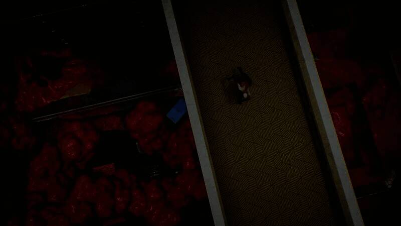 两名特工在崩塌的大厅中掩护射击，天花板碎裂，物体悬浮空中