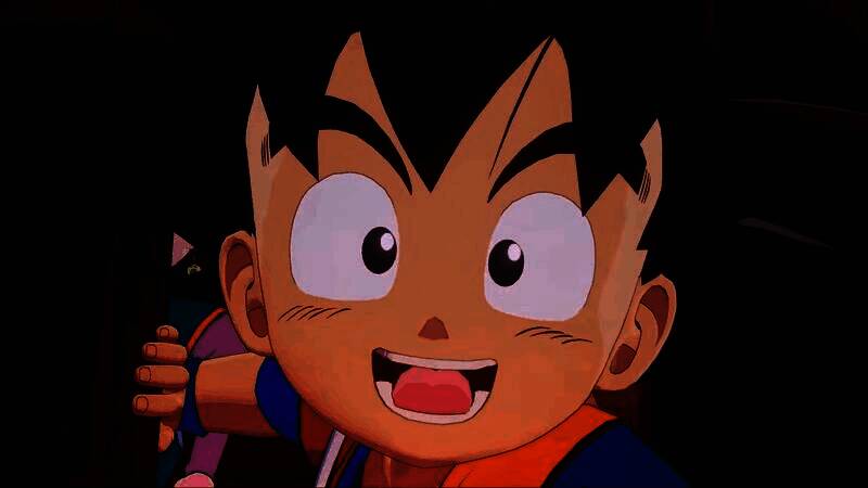 《龙珠Z：卡卡罗特》‘魔界篇’DLC宣传图，画面中迷你悟空与神秘魔人Glorio对峙于暗红色调的魔界场景中，天空雷电交加，氛围神秘而紧张