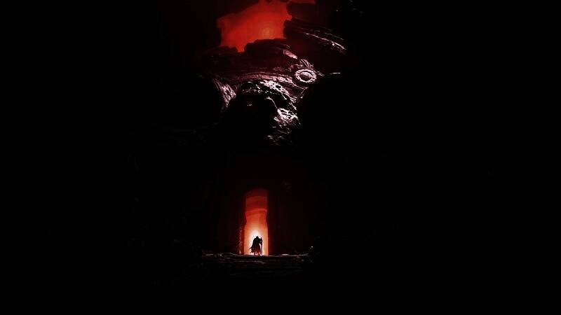 《Mistfall Hunter》主视觉图：猎人在金色迷雾中持武器警戒，背景是崩塌的神殿与诡异光芒