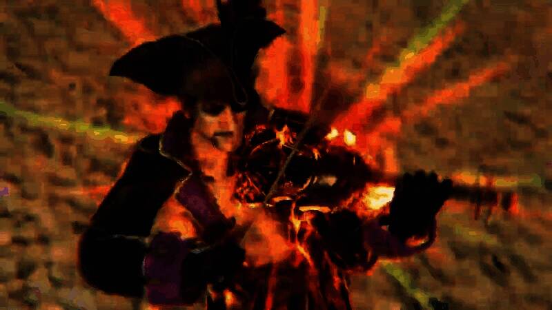 玩家角色站在火山口前，背后是夕阳下的海岛全景