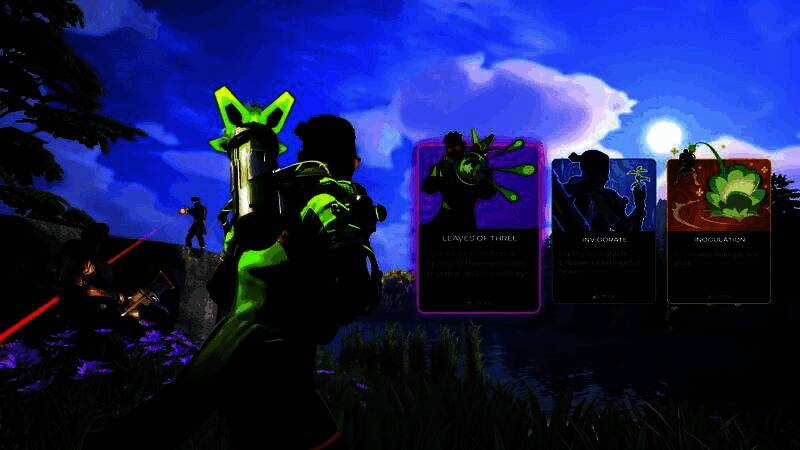 《Ethos计划》试炼模式 gameplay 截图，显示玩家在废弃工厂环境中与敌人交火，界面显示核心收集进度和进化选择菜单