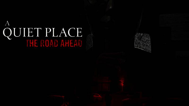 《寂静之地：前方之路》游戏场景画面，昏暗森林中角色蹲伏躲避未知生物，周围寂静无声却充满压迫感