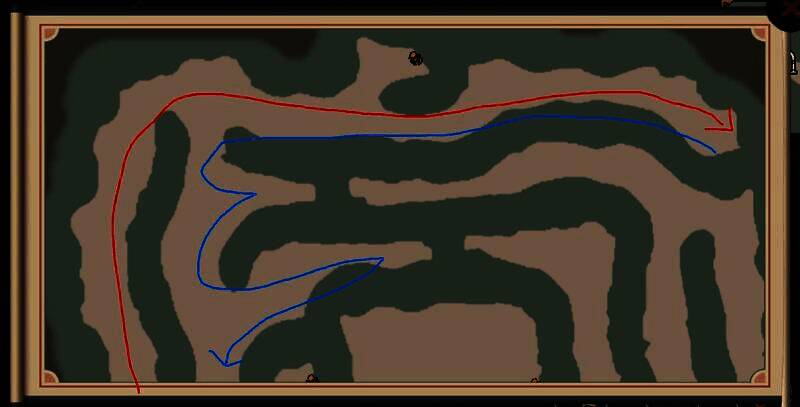 无名地窟全貌地图，红色和蓝色虚线分别标出推荐探索路径，中心标记BOSS位置