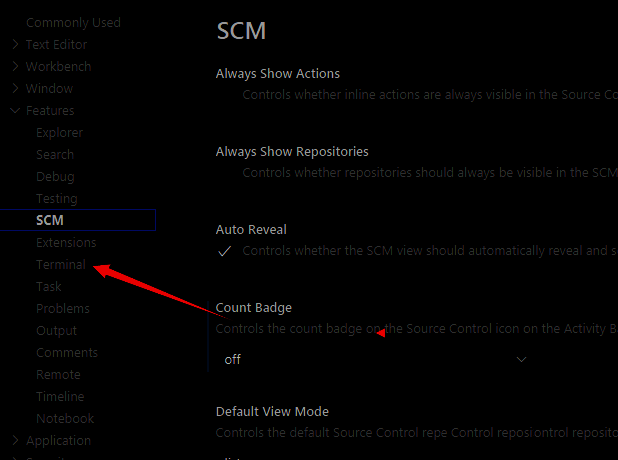 Vscode设置页面左侧Terminal选项高亮显示