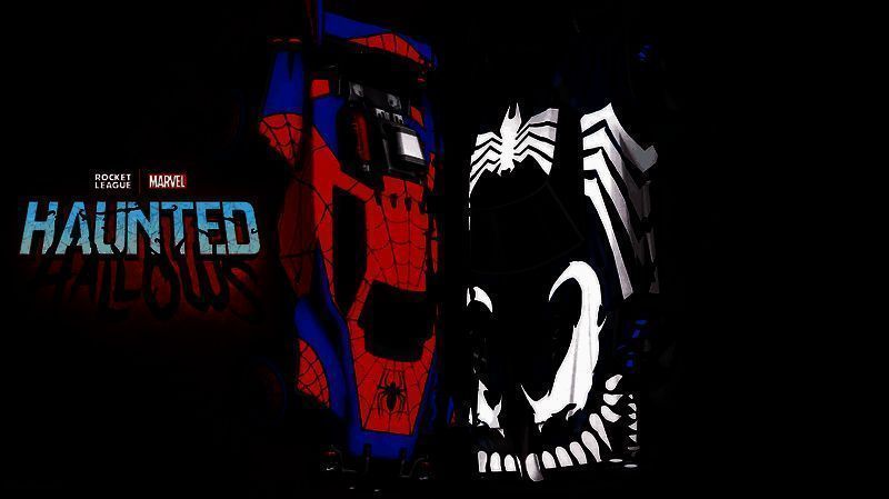 《火箭联盟》万圣节活动宣传图，展示毒液、神秘客等反派主题车辆外观与幽灵特效