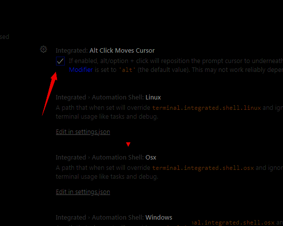 Alt Click Moves Cursor选项已被勾选的设置界面截图