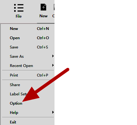 Dlabel软件文件菜单展开，鼠标悬停在Option选项上，准备进入设置界面