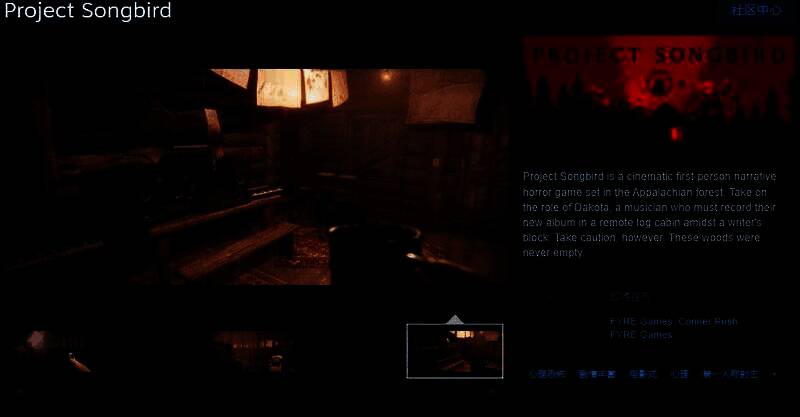 《Project Songbird》Steam商店首页封面图，画面中一名音乐家站在幽暗森林小屋前，氛围阴森神秘