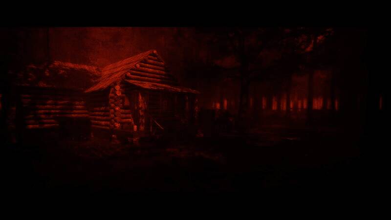 室内视角，壁炉微光映照着散落的乐谱和录音设备，窗外漆黑一片