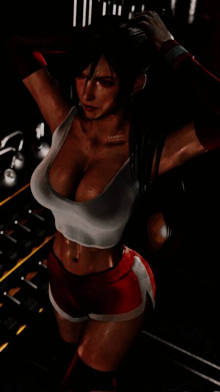 蒂法侧身站立于神罗大厦废墟前，风吹起她的长发与衣角，背景雷光闪烁