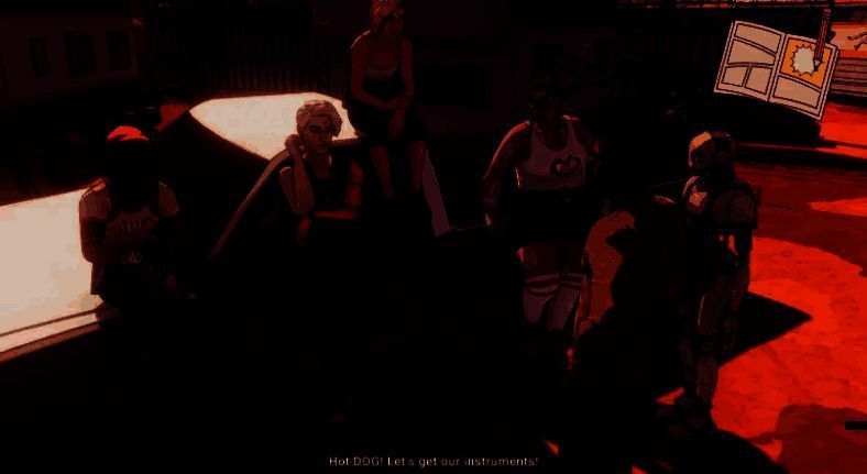 游戏内场景截图，两名角色站在暴雨中的加油站前对话，光影氛围压抑，对话框显示涉及身份认同的台词