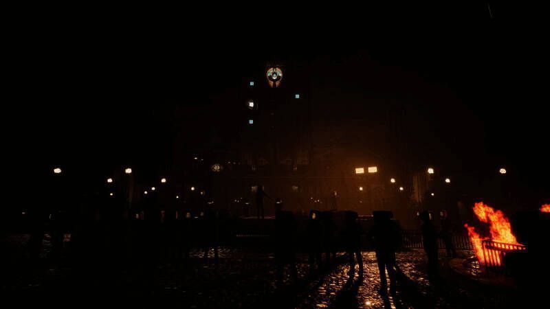 游戏中城市街景画面，灰暗色调下行人整齐划一地行走，空中漂浮着监控无人机，建筑上布满宣传标语