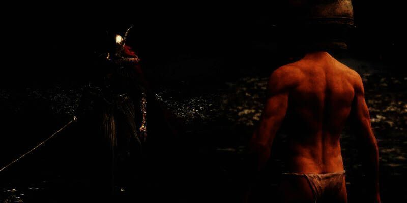 壶头哥在《艾尔登法环》中与女武神激烈战斗的场景，角色挥舞双刀，光影交错