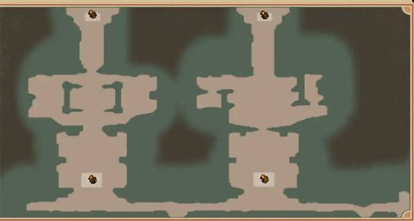 逃离地窟左侧区域地图，标注起点位置与行进方向，红色箭头指向第一个机关点