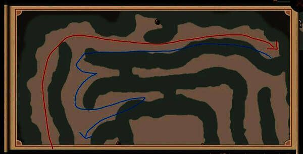 无名地窟全图导航示意，红蓝双色路线清晰划分探索顺序，关键节点标有数字序号