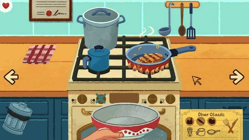 游戏中厨房场景展示，主角正在灶台前翻炒食材，锅中火焰升腾，周围摆放着各种香料和厨具