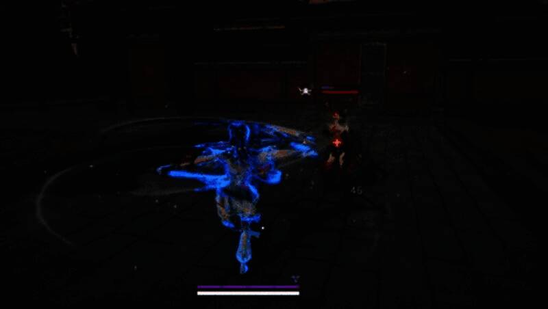 角色快速挥舞双戟连续戳击地面倒地的敌人，动作迅捷凌厉，周围尘土飞扬