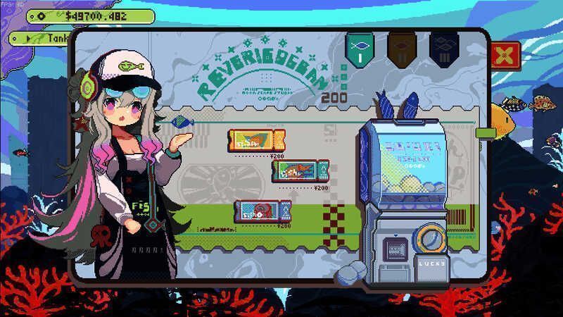 游戏中玩家正在操作鱼箱界面，多条色彩斑斓的小鱼在水中游动，界面右下角显示升级按钮和金币数量