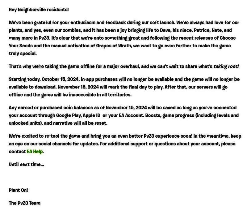 官方公告截图显示《植物大战僵尸3》即将下线的消息，页面标注关键时间节点与服务变更说明