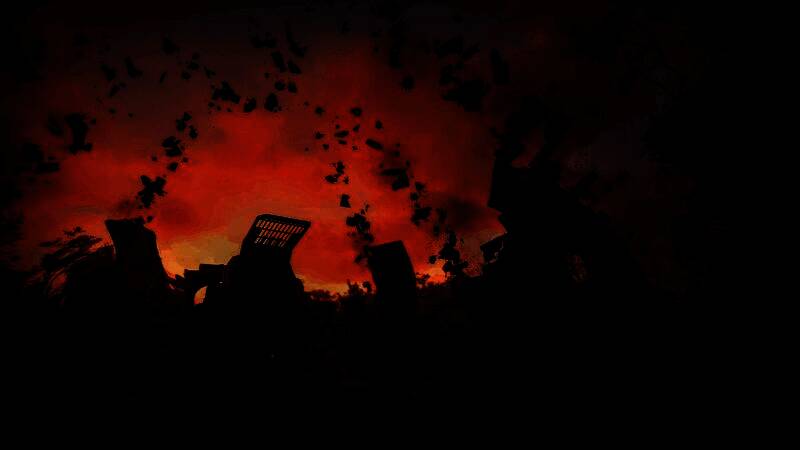 角色在强辐射区奔跑，HUD界面显示生命值急剧下降，周围空气扭曲变形