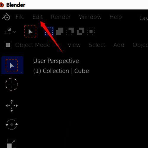 Blender顶部菜单栏展示，鼠标指向Edit选项，界面为英文状态