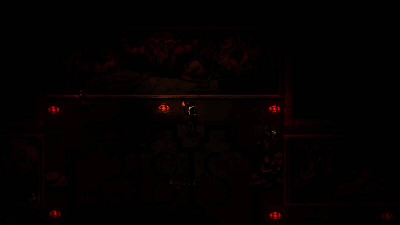 游戏中主角穿越迷雾森林的场景，四周漂浮着发光的灵魂碎片